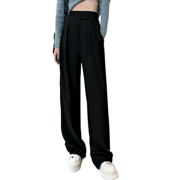 Pantalones de oficina estilo palazzo con bolsillos y cintura alta para mujer