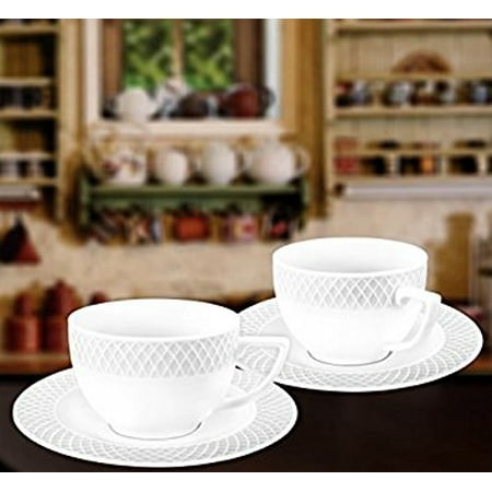 Wilmax WL-880106, 6 oz. Julia Collection White Porcelain Cappuccino Cups & Saucers, Classic European Bone China Coffee/Tea Cups with Saucers, Gift Box Set of 12 (6 cups + 6