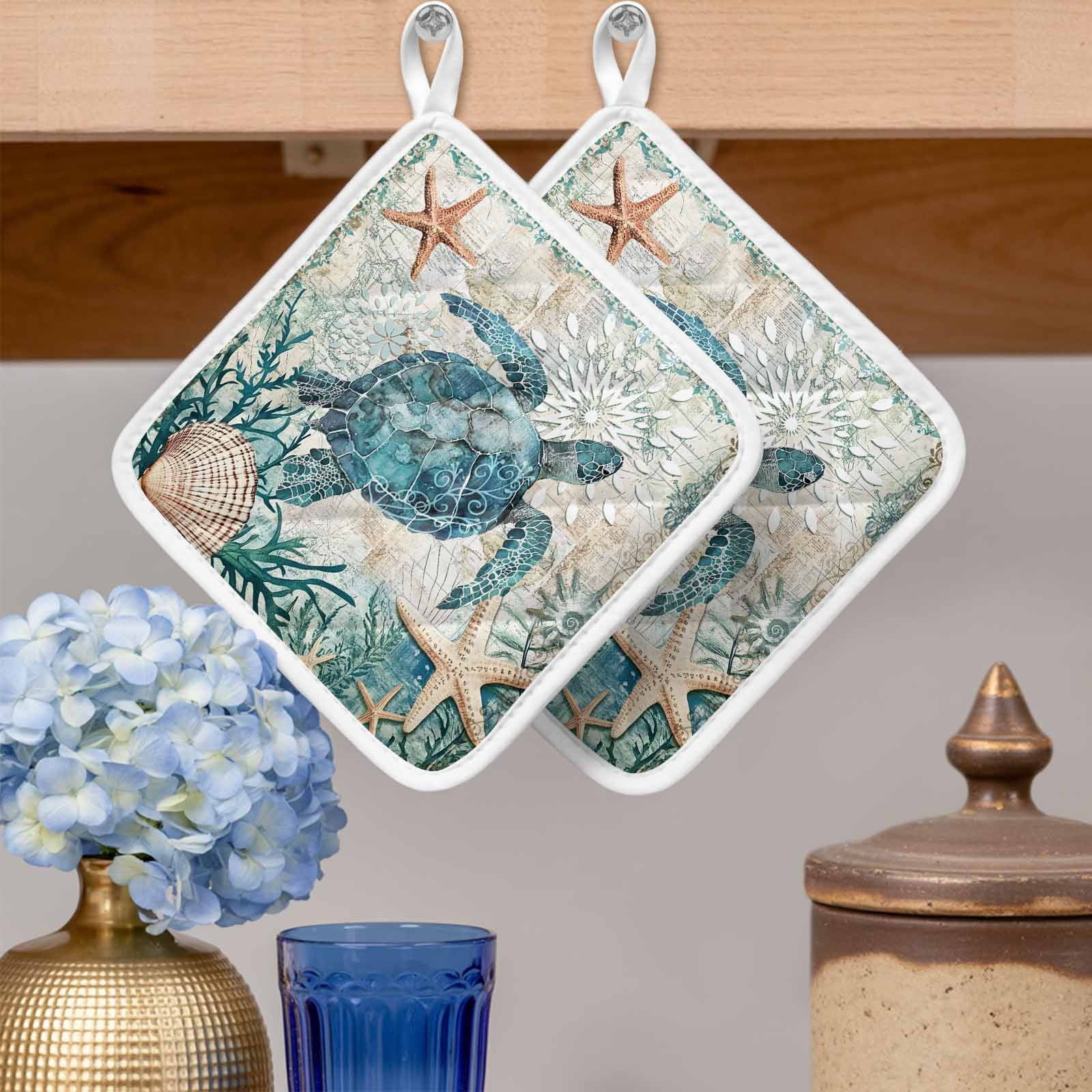 Teal Coastal Turtle Pot Holders for Kitchen Heatproof Potholder, 4 Pack Vintage Summer Beach Nautical Coral Hot Pads Multipurpose Oven Pads Cloth Potholders Trivet for Cooking and Baking