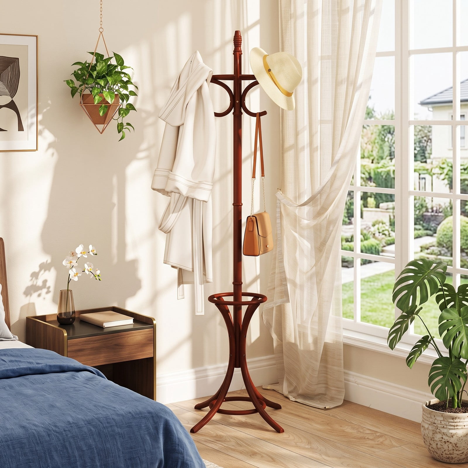 Furnibear Freestanding Wood Coat and Hat Rack Stand with Umbrella Stand Rotating Top and 12 Hooks for Entryway and Hallway, Brown