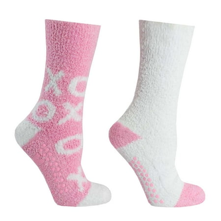 Chenille Womens Socks - 2 Pair Pack Women's Chenille Slipper Socks Lavender Infused Non-slip Fuzzy and Warm One Size XO Pink Kissables By MinxNY