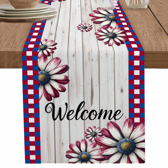 nqOlkjepod Red Blue Daisy Table Runner 36 Inches Long Farmhouse Dress Scarves, Welcome Plaid Vintage 4th of July Dining Tablerunner for Coffee Table/Kitchen Island/Party Décor, Small 13" x 36"