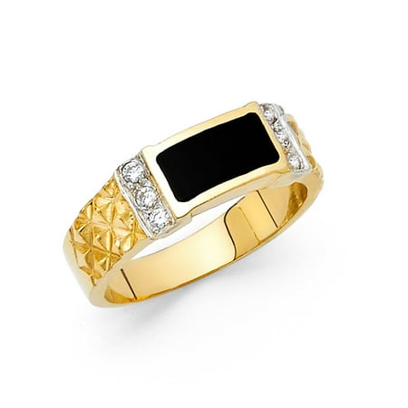 - Mens Onyx Band Solid 14k Yellow Gold Ring Black Diamond Cut CZ Square Design Polished Fancy