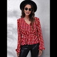 thumbnail image 4 of Top de Larga para Mujer, Jersey Fino, Cuello en V, Abullonada, Babydoll, Ligero, de Poliéster Cuadrícula Roja L, 4 of 10