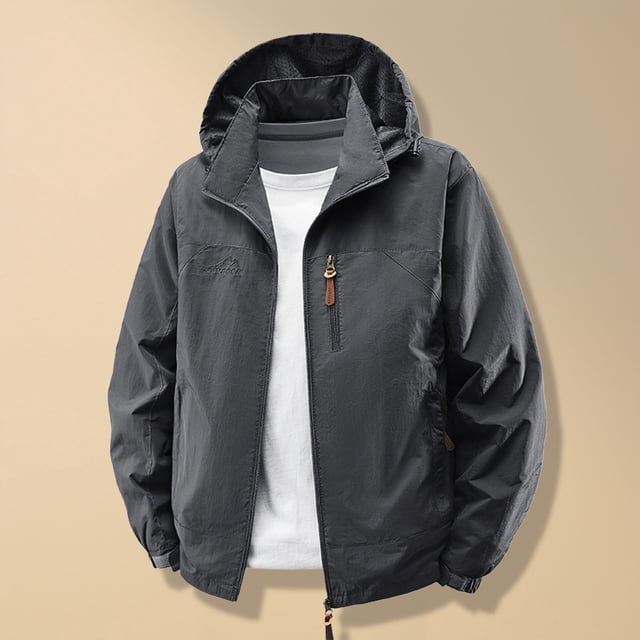PEONAVET Mens Jacket Men's Solid Color Long Sleeved Hooded Workwear Detachable Hat Jacket