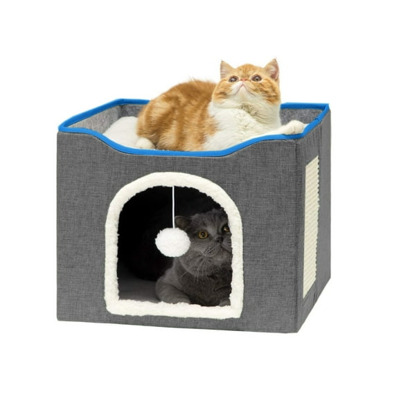Behome Cat Bed, Cat Cave with Fluffy Ball and Scratch Pad, Foldable Cat Condo Hideaway with Reversible Cushion for Multi Small Pet, Dark Grey