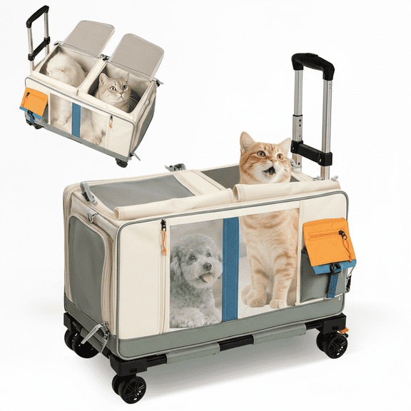 MINGYI Large Pet Rolling Carrier with Wheels, Foldable Cat Carriers with Straps,for 2 Small Medium Dogs & Cats up to 40lbs, for Traveling/Camping(Green)