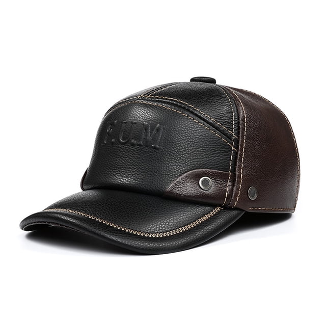 Men's Genuine Cowhide Leather Baseball Cap with Earflaps, Warm Autumn Winter Hat