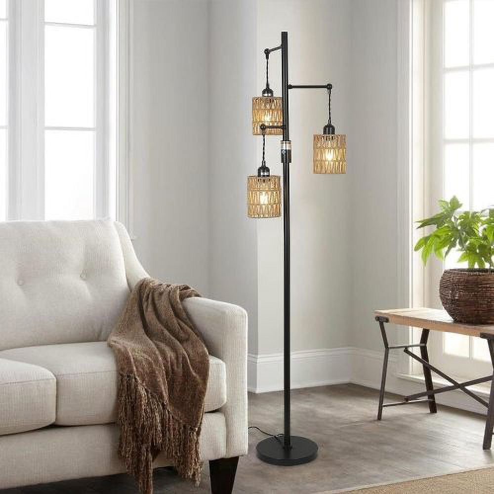 Hi-LIGHTS,65 Inch 3-Lights Boho Dimmable Floor Lamp with Natural Rattan Shade & Reinforced Base(Bulbs Not Included),Farmhouse Tall Floor Lamp for Living Room,Bedroom,Dining room,Office(Black+Brown)