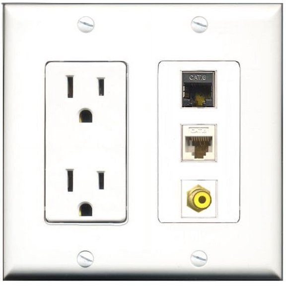 RiteAV - 15 Amp Power Outlet 1 Port RCA Yellow 1 Port Shielded Cat6 Ethernet Ethernet 1 Port Cat6 Ethernet Ethernet White Decorative Wall Plate