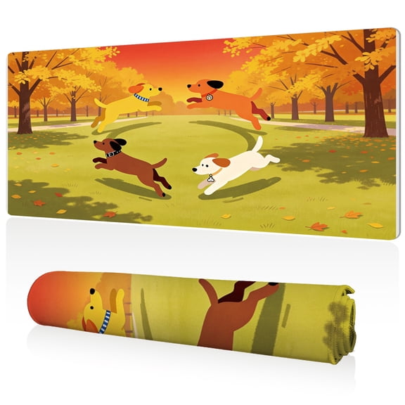 LIVEKEY Mouse Pad 80x40cm Extra Large Non Slip Stitched Edges Full Coverage Durable Easy Clean Cute Dogs Running in Autumn Park Art for Gaming Office