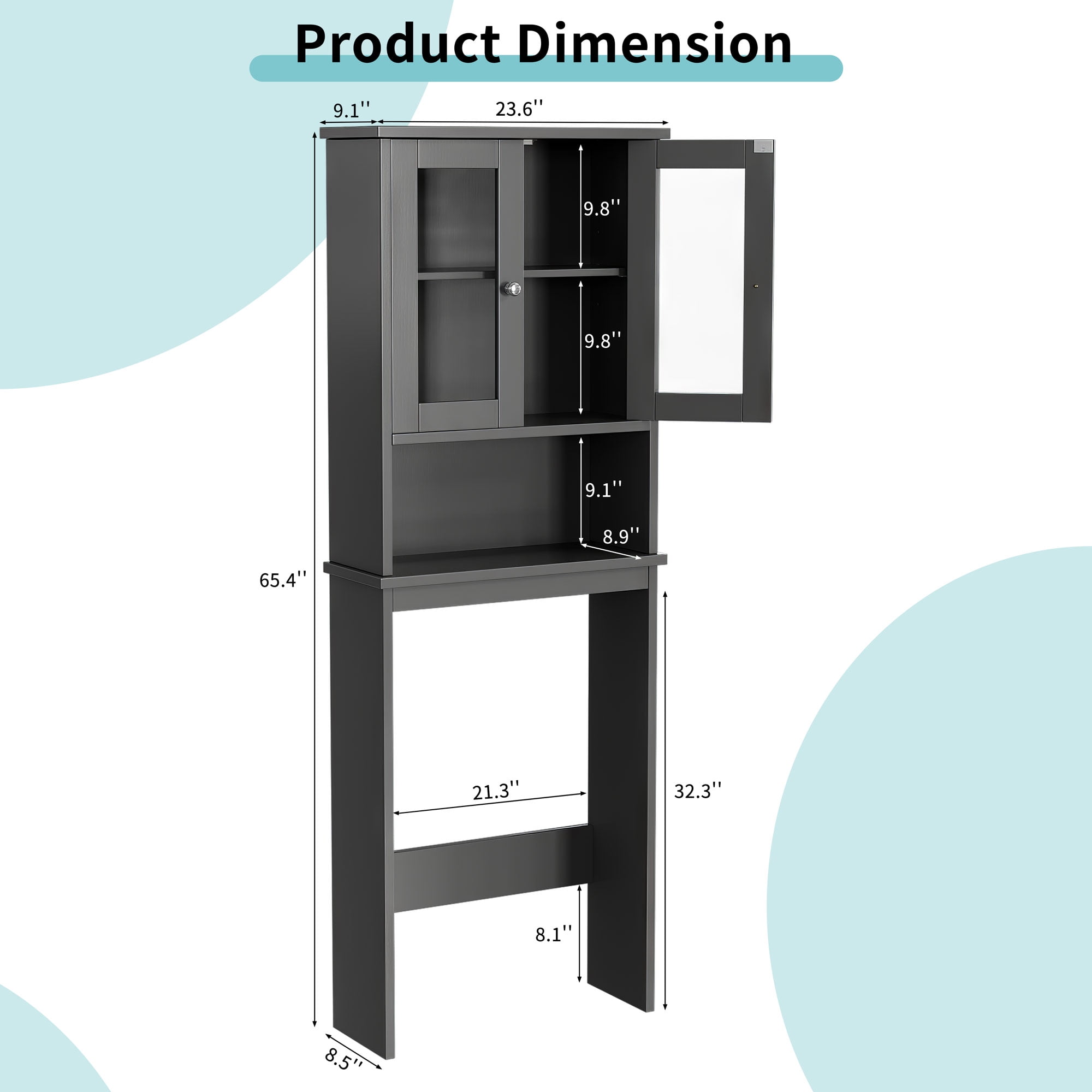 Walsunny Over The Toilet Storage Cabinet Bathroom Shelves Organizer Space Saver Freestanding Restroom Shelf with Tempered Glass Doors Anti-Tip Device Adjustable Shelf Gray