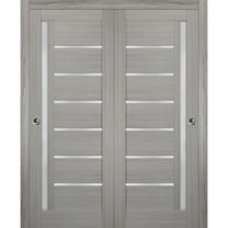 Sliding Closet Frosted Glass Bypass Doors 48 x 84 inches | Quadro 4088 Grey Ash | Sturdy Top Mount Rails Moldings Trims Hardware Set | Wood Solid Bedroom Wardrobe Doors