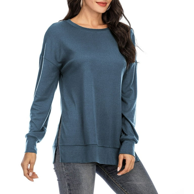 Womens Casual Long Sleeve O Neck Side Slits Pure Color T Shirts Blouses  Tops Navy XXL