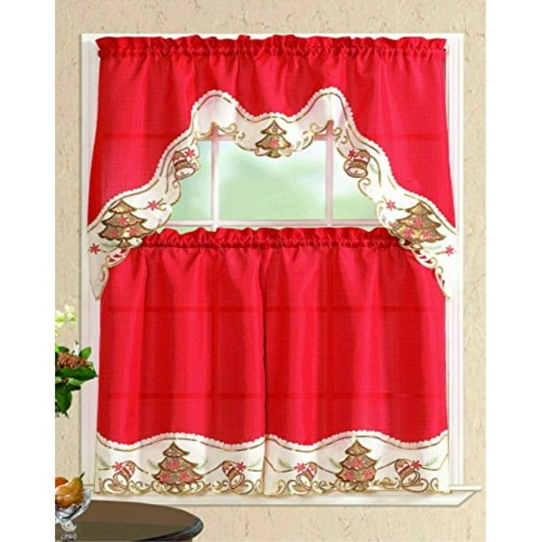 All American Collection New 3pc Christmas Holiday Design Embroidered Kitchen Curtain Set Walmart Com Walmart Com