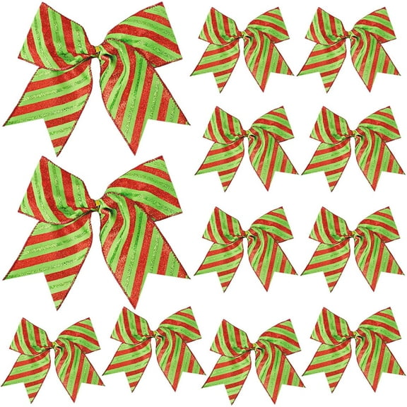 Janrevotw 12 Pcs Red Green Christmas Bows,6 Inch Large Christmas Wreaths Bows for Tree Gift Wrapping Garland,Christmas Decoration Holiday Party Crafts Xmas Tree Ribbon Ornaments (Glitter Stripe)