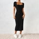 thumbnail image 1 of TaTaai Women Summer French Square Neck Side Split Slim Knit Dress Short Sleeve Solid Color Midi Length Elegant Casual Daily Wear Dresses Gift, 1 of 9