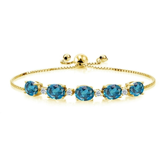 Gem Stone King 18K Yellow Gold Plated Silver London Blue Topaz and White Topaz Tennis Bracelet for Women (7.84 Cttw, Gemstone Birthstone, Fully Adjustable up to 9 inch)