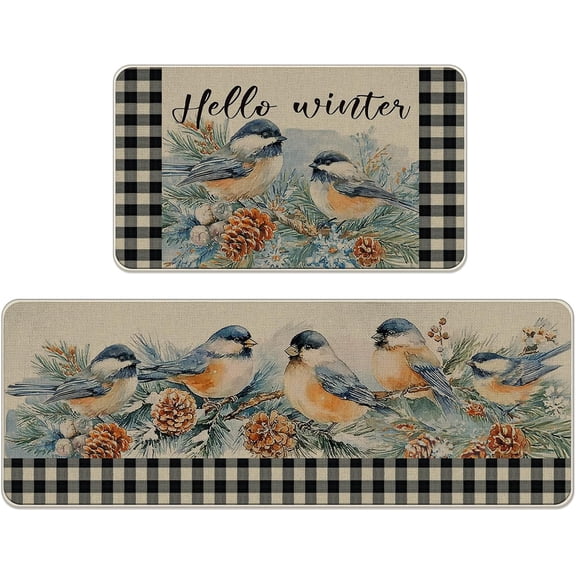 Hello Winter Chickadee Birds Kitchen Rugs Set of 2, Snowy Pine Cones Branches Buffalo Plaid Floor Mats Decor, Farmhouse Christmas Door Mat Home Decorations - 17x29 and 17x47 Inches