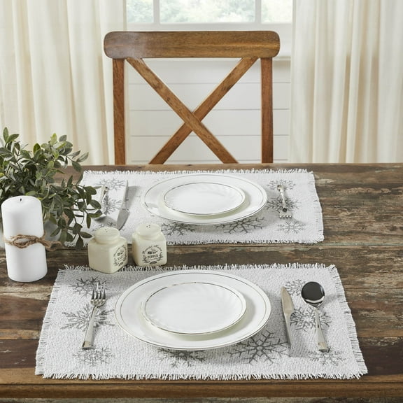 VHC Brands Yuletide Burlap Antique White Snowflake Placemat Set of 2 13x19