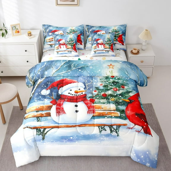 Castle Fairy Kids Red Sparrows 7-Piece Twin Bedding Sets,Christmas Snowman Bedding Comforter Set,Happy New Year Breathable Sheet Sets,Super Cozy Room Decor