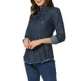 thumbnail image 4 of INSPIRE CHIC Women's Point Collar Long Sleeve Distressed Raw Hem Button Denim Shirt XS Dark Blue, 4 of 5