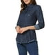 thumbnail image 4 of Camisa de mezclilla de mujer con cuello puntiagudo, manga larga, dobladillo deshilachado y botones en azul oscuro M, 4 of 5