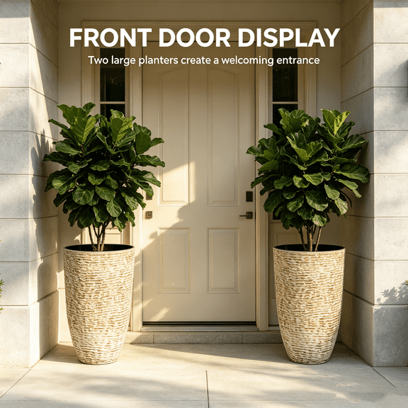 Set of 2, 9 Gallon Tall Large Planters, Faux Stone Finish Decorative Flower Pots for Indoor & Outdoor Plants, Unbreakable Beige Plant Containers for Garden & Patio, 14" Dia x 20" H