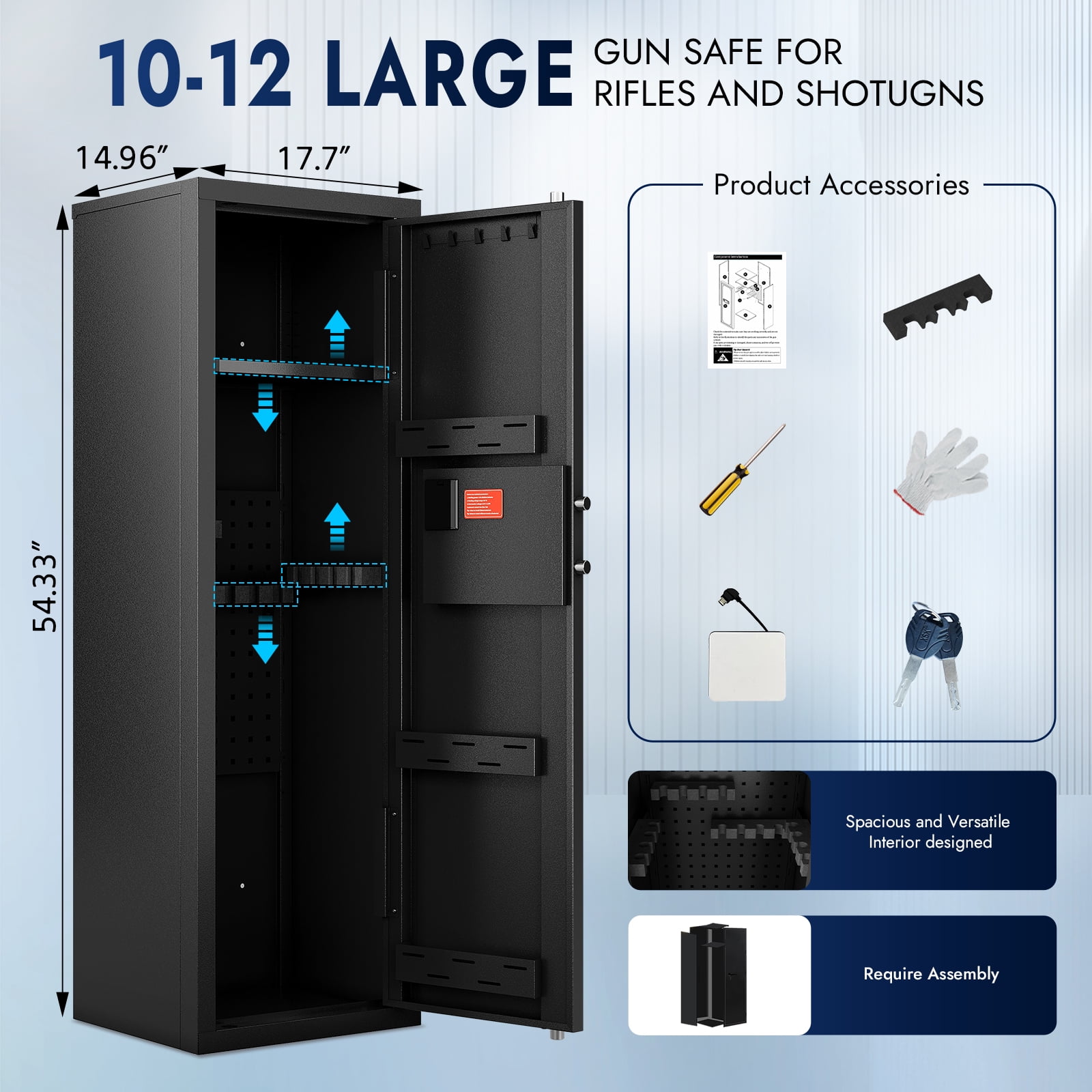 Kaer 10-12 Gun Safe For Rifles And Pistols Biometric Gun Cabinet For Rifles And Shotguns Fingerprint Rifle Safes For Home Clearance Gun Safe Long Gun Locker With Removable Shelf Gun Rack Unassembled