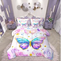 Manfei Dreamy Butterfly Child Twin Bedding Sets 7-Piece, Pink Rose Floral Bedding Comforter Set, Romantic Valentines Day Reversible Sheet Sets, Microfiber Bedroom Decor