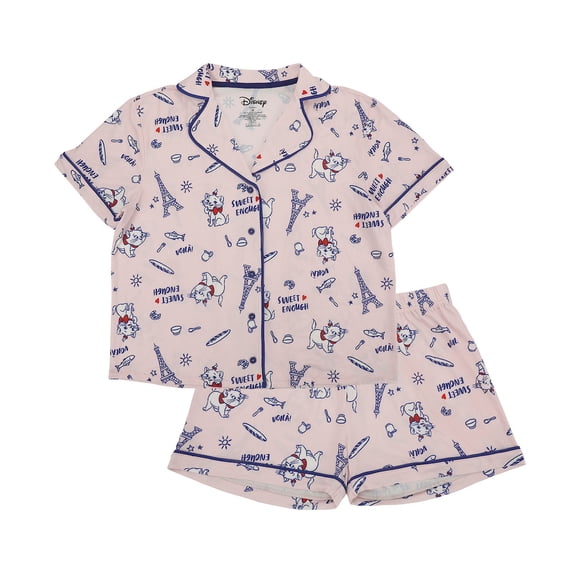Disney The Aristocats Marie Women's Notch Collar Button-Down Shirt and Shorts Sleepwear Set -XL