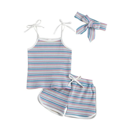 

Qiylii Kid s 3Pcs Suit Stripe Sleeveless Camisole and Shorts and Headwear