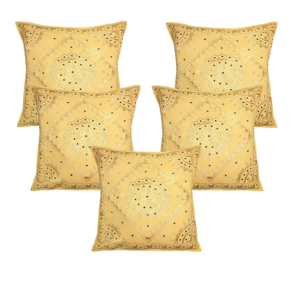 Stylo Culture Ethnic Chair Seat Throw Pillow Covers 24x24 Large Hand Embroidered Mustard Yellow Bohemian 60 x 60 cm Home Decor Cotton Mirrored Square Cushion Covers | Set Of 5