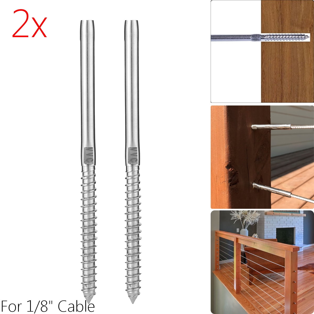 2Pcs T316 Stainless Steel Lag Stud Hand Swage Cable Railing for 1//8/" Cable