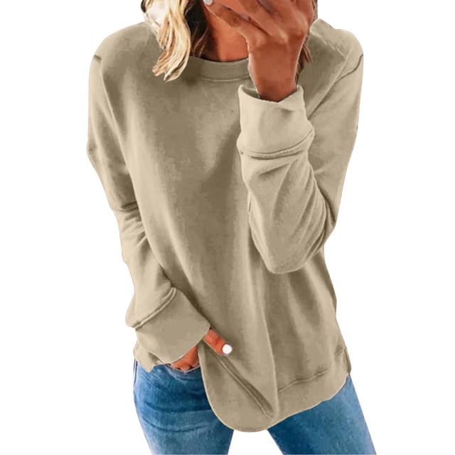 Pxiakgy Chandail Décontracté à Manches Longues Col Rond Couleur Unie pour Femmes Automne Hiver Khaki + TG