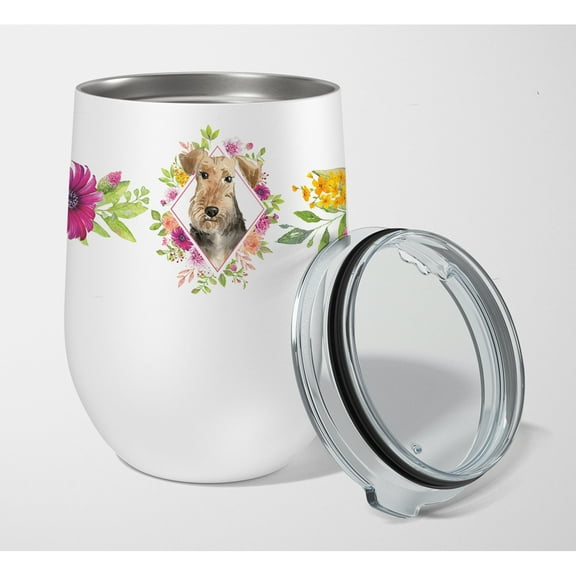 Carolines Treasures CK4204TBL12 Airedale Terrier Pink Flowers Stainless Steel 12 oz Stemless Wine Glass 12 oz multicolor