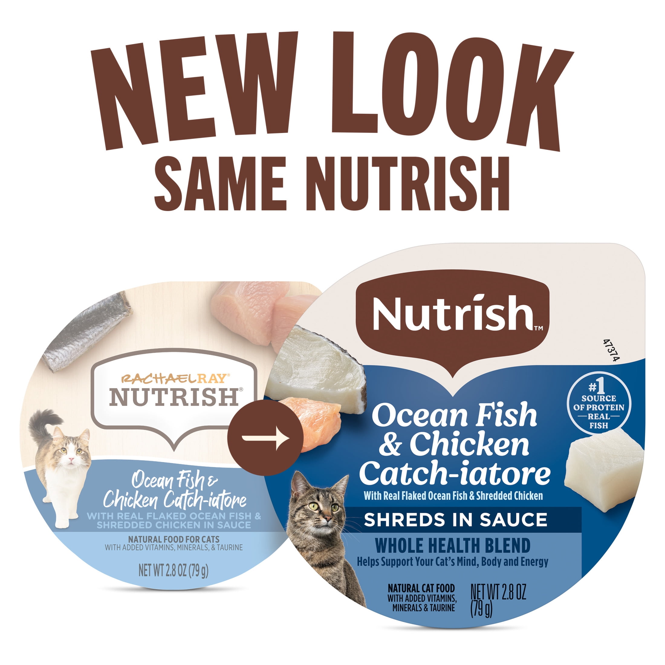 Nutrish Grain Free Wet Cat Food Ocean Fish & Chicken Catch-iatore Whole Health Blend with Real Flaked Ocean Fish & Shredded Chicken in Sauce, 2.8 oz. Cup (Rachael Ray)