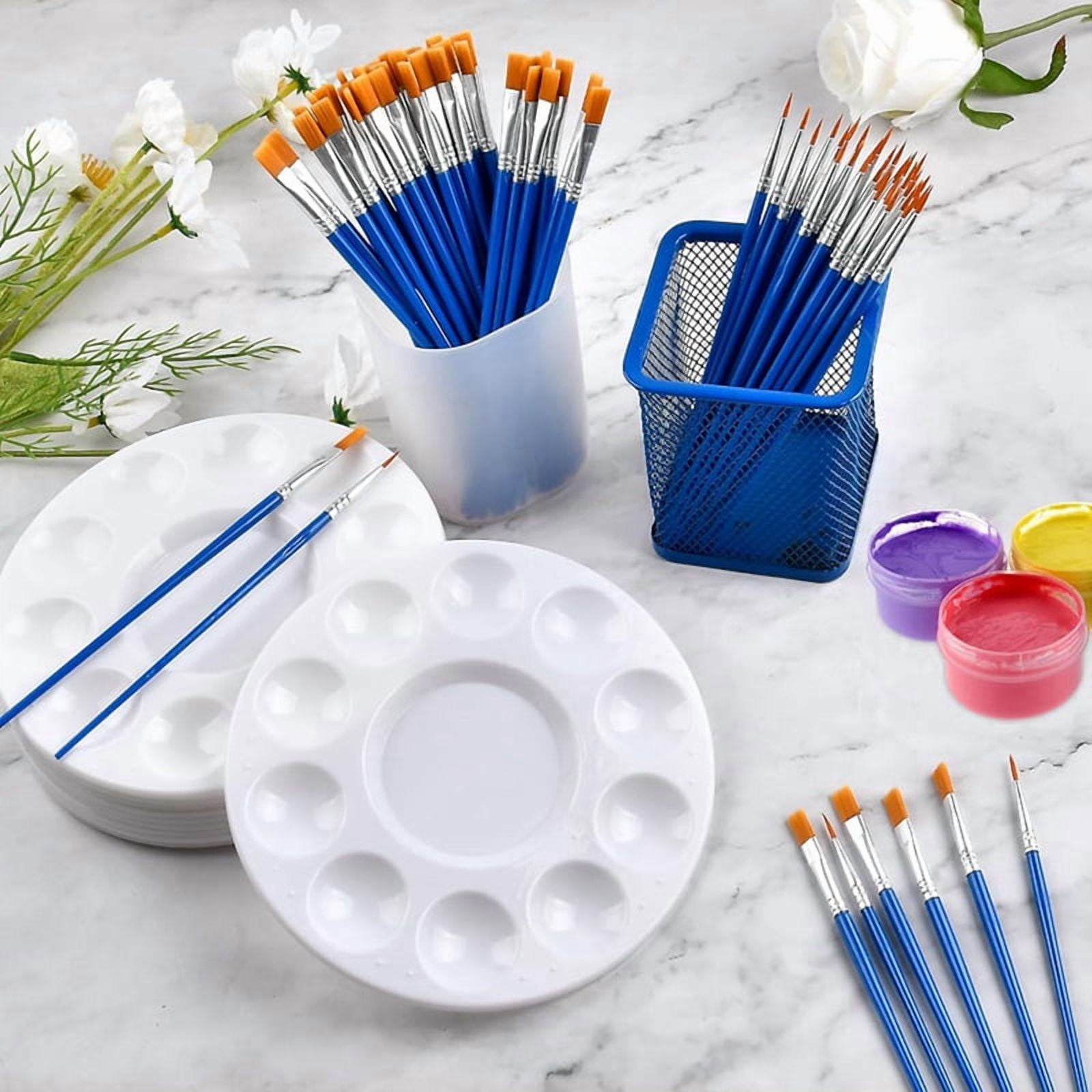 150Pcs Paint Brushes Palettes Set, Including 100Pcs Nylon Painting Brush and 50Pcs Round Plastic Paint Tray Palette