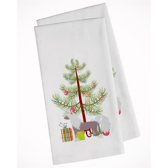 Chinese Crested Merry Christmas Tree White Kitchen Towel - Set of 2