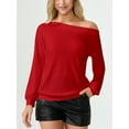 thumbnail image 3 of Aiyino Women's long Sleeve Shirt Boat Neck Off Shoulder Stretchy Blouse Tops Plus Size,Red L, 3 of 10