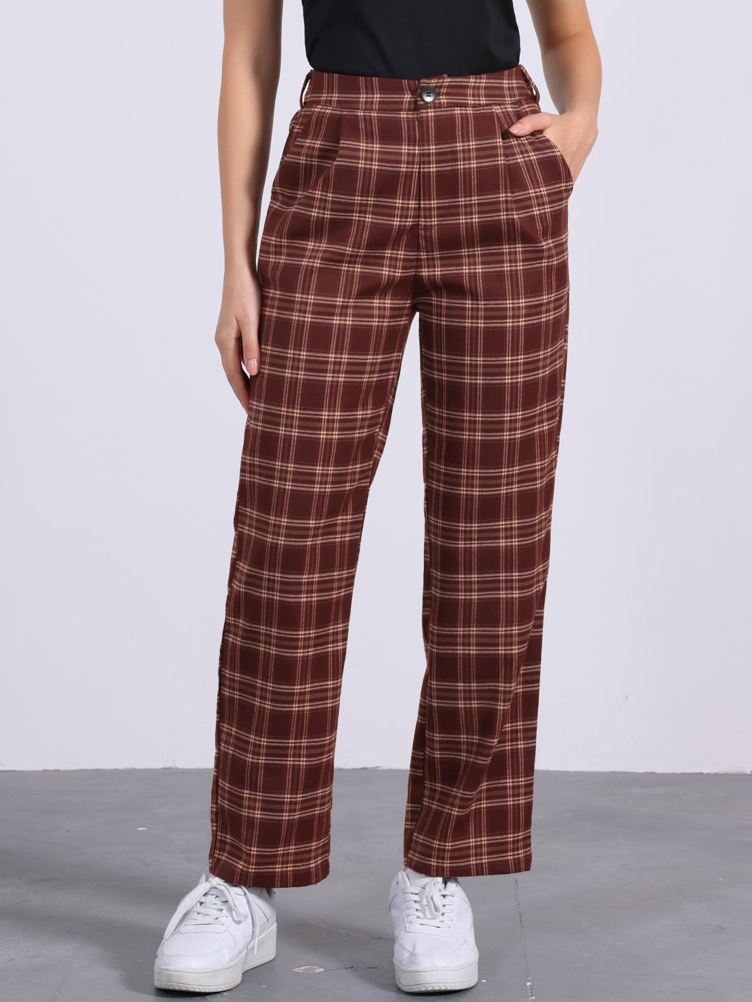 DARING DIVA Women's Plaid Pants Elastic Waist Casual Office Long Trousers M Wine Red