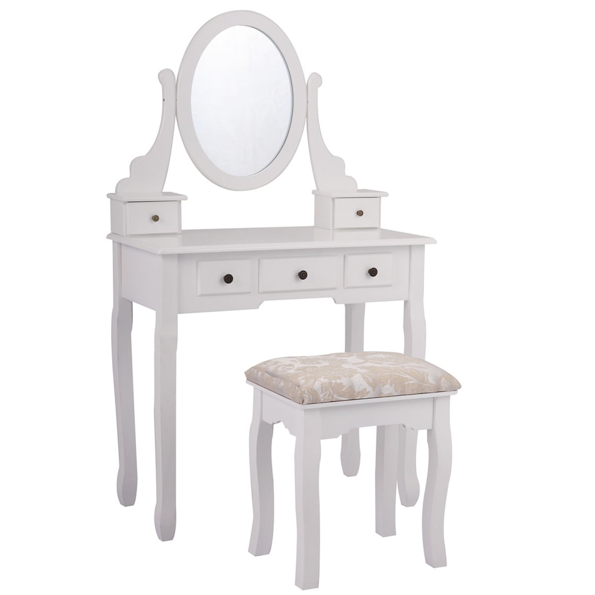 Kepooman Wooden Vanity Set, Makeup Dressing Desk with Cushioned Stool, Oval Mirror and 5 Drawers - White Kepooman Wooden Vanity Set, Makeup Dressing Desk with Cushioned Stool, Oval Mirror and 5 Drawers - White