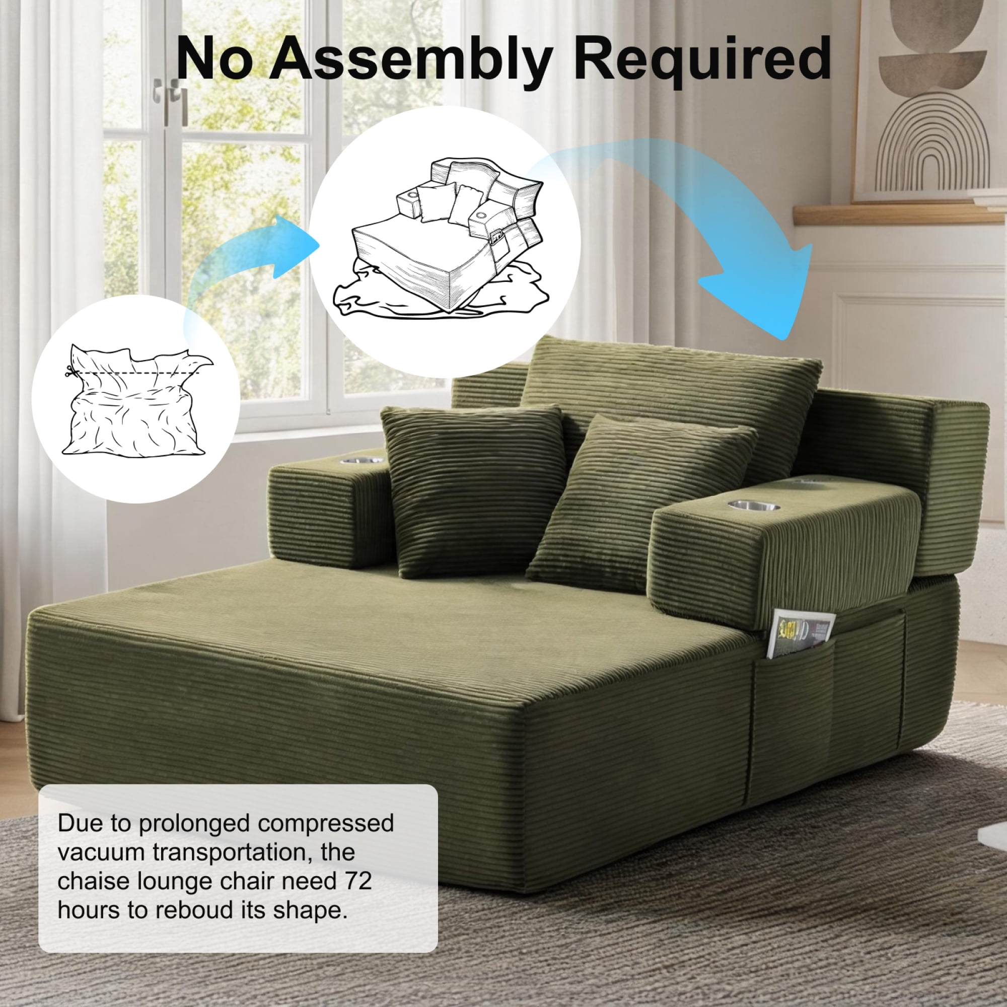 Leumius 70.8'' Oversized Chaise Lounge Chair Indoor,Plush Corduroy Upholstered Cloud Sofa Bed for Living Room,No Assembly Required,Green