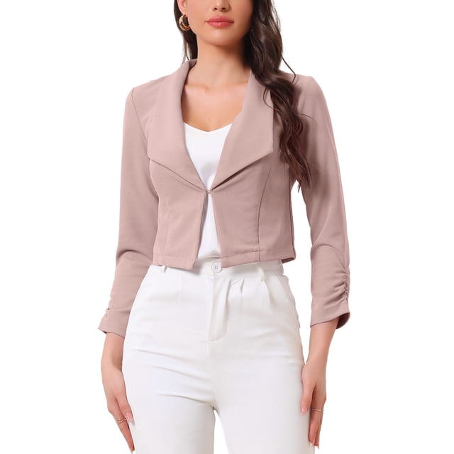 Chaqueta de mujer Allegra K con solapa muestrada y mangas fruncidas, blazer de negocios recortado L color rosa polvo