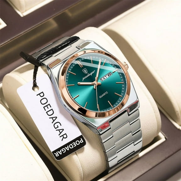 POEDAGAR Men Green Quartz Stainless Steel Fashion Watch Analog Waterproof Luminous Date Wristwatch