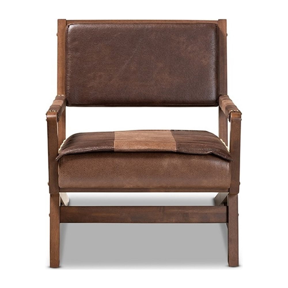 Baxton Studio Rovelyn Rustic Brown Faux Leather Upholstered Walnut Finished Wood Lounge Chair