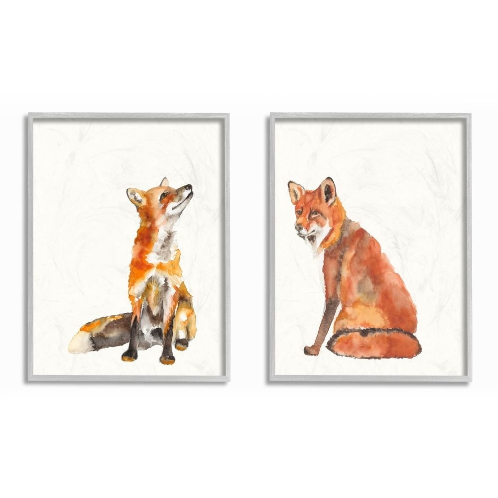 Stupell Industries Curious Fox Orange Watercolor Animal Paintings Gray Framed Art Print Wall Art Set of 2, 11x14, by Jennifer Goldberger