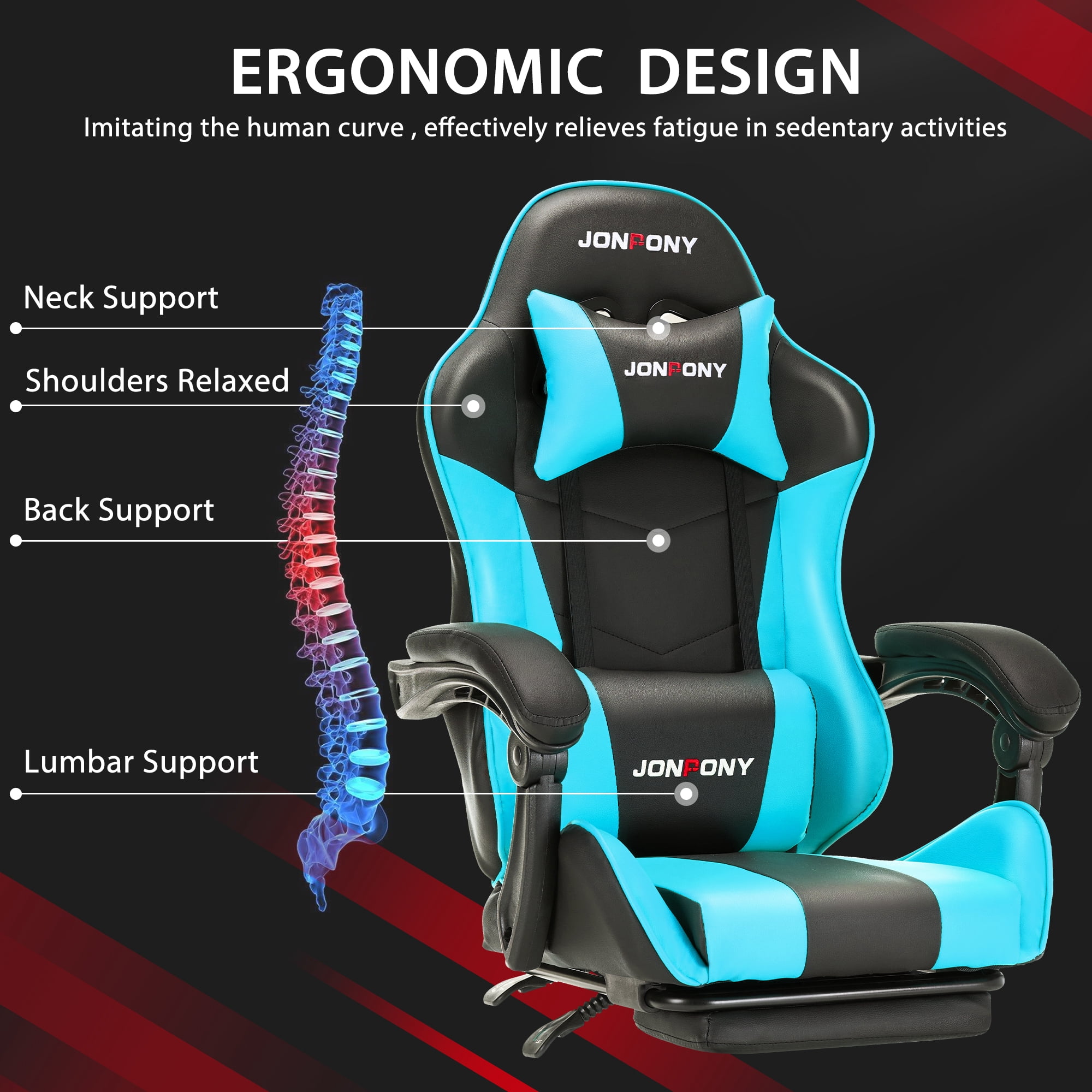 JONPONY Big and Tall 400LBS Gaming Chair, Ergonomic Design, Gamer Chair PU Leather with Footrest and Lumbar Support, High Back Office Chair Support 8 Hours Long Sitting, Computer Chair,Blue