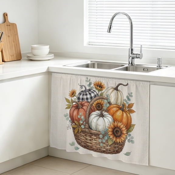Fall Cabinet Curtains for Kitchen 11"W x 13"L, Farmhouse Autumn Harvest Pumpkin Sunflower Basket Linen Vanity Cabinet Curtains Magic Tape Short Curtain Decor Privacy Panel for Bathroom Laundry