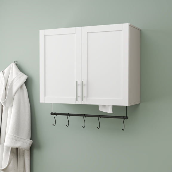 Gzxs 31.5" Bathroom Floating Cabinet, Wall Mounted Wooden Medicine Cabinet with 2 Doors, Adjustable Shelf, Towel Bar and 5 Hooks, Over The Toilet Space Saver Organizer, White